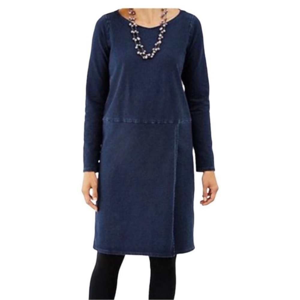 New J.Jill Pure Jill Indigo Faux Wrap Long Sleeve Knit Shift Dress